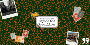 Banner in notebook style, with "FEJS Conference 2026, Beyond the Frontlines" written on the cover